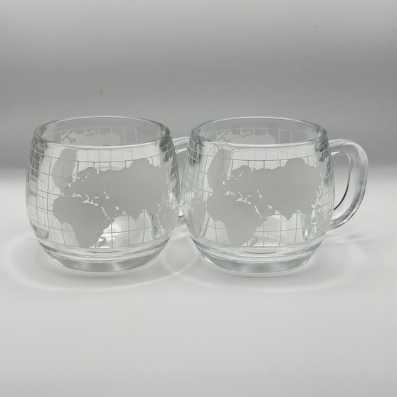Vintage Nestlé Glass Mugs World Map Globe Etched Nescafé Made In Japan Set Of 2